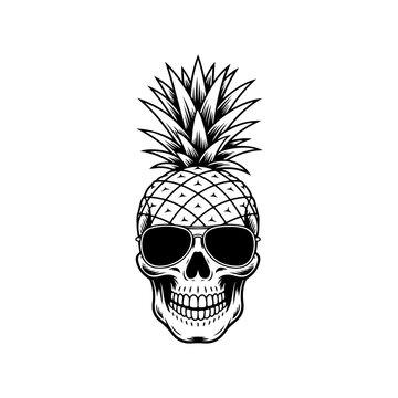 A creative black and white vector illustration of a human skull with a pineapple top and wearing aviator sunglasses. A cool, edgy, and modern high-contrast graphic.