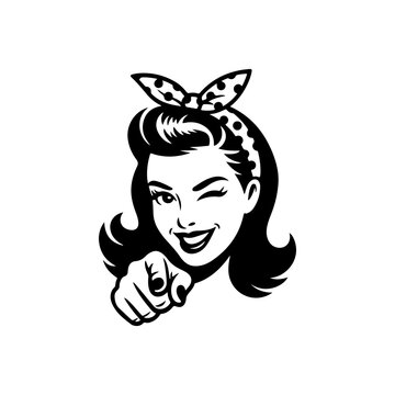 A classic black and white retro vector illustration of a beautiful winking woman with a hair bow, pointing at the viewer. Stylish vintage mid-century pop art style.