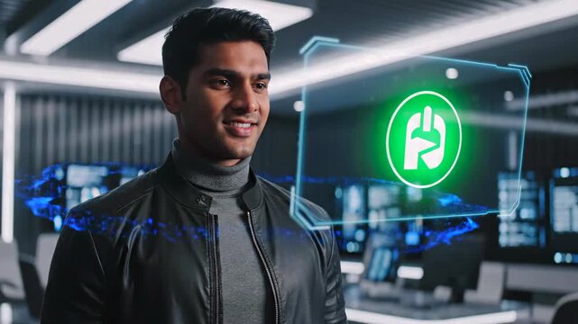 Man in futuristic lab interacting holographic health interface, selecting glowing green lung icon within floating blue particle ring, gesture control activating AIpowered diagnostics,