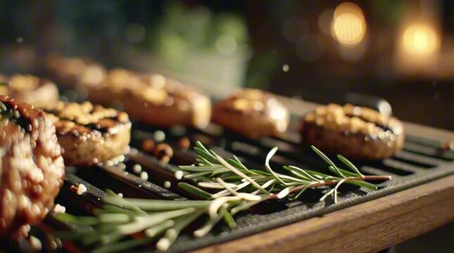 A juicy bison burger patty sears on a hot grill, topped with coarse salt and fresh rosemary as steam rises in a warm, rustic kitchen setting.