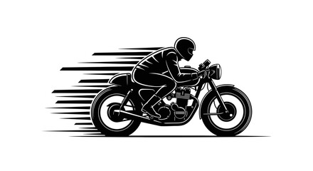 Classic Cafe Racer Motorcycle Rider Speeding Vector Illustration. Black and White Vintage Bike Silhouette with Motion Blur Effect © Miciboy