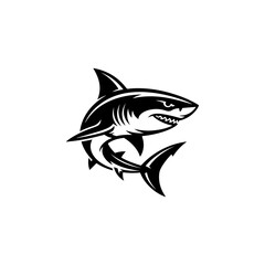 Fototapeta premium A powerful black and white vector illustration of an aggressive shark with sharp teeth and dynamic fins. A clean, high-contrast marine predator mascot on a white background.