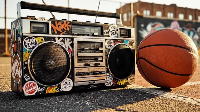 Boombox adorned with vibrant graffiti stickers on outdoor basketball court