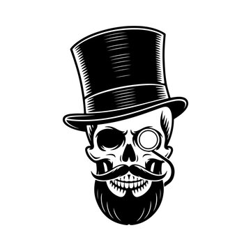 A sophisticated black and white vector illustration of a human skull featuring a top hat, a monocle, and a groomed beard. A stylish vintage gentleman emblem.
