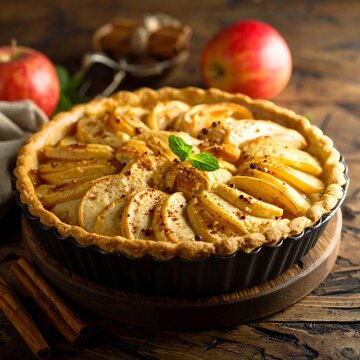 Close-up of baked apple dessert with fresh fruit and cinnamon