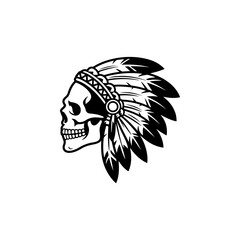 Obraz premium A bold black and white vector illustration of a human skull wearing a traditional Native American feathered headdress. A powerful and detailed high-contrast tribal emblem.