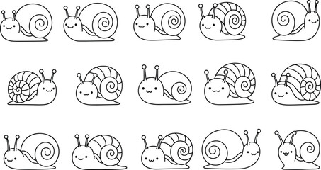 Cute snail line art set, kawaii animal illustration, cartoon mollusk characters, black white coloring page vector © SREE