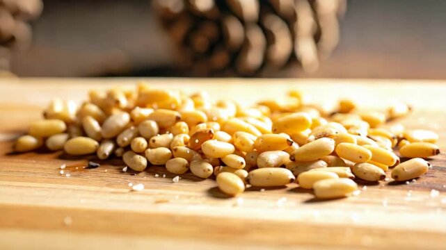 Fresh Pine Nuts Piled on Rustic Wooden Board with Pine Cones