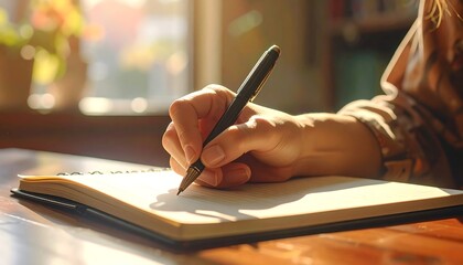 Close-up of a persons hand writing in a notebook with a pen.