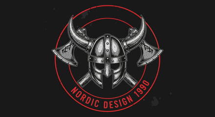 Vintage Viking Helmet and Crossed Axes Emblem. Engraved Nordic Warrior Head Logo Design on Black Background. © Miciboy