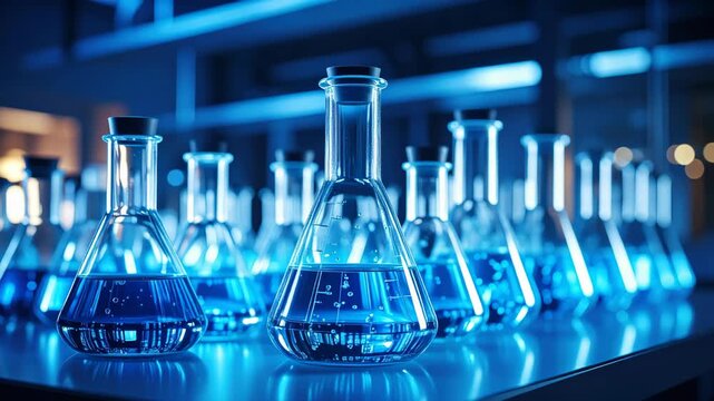 Rows of glass flasks filled with blue liquid in a laboratory setting.