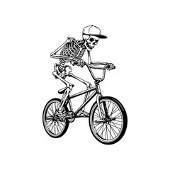 Obraz premium A playful black and white vector illustration of a cartoon skeleton wearing a cap and t-shirt while riding a BMX bicycle. Clean minimalist line art on a white background.