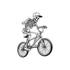 Obraz premium A playful black and white vector illustration of a cartoon skeleton wearing a cap and t-shirt while riding a BMX bicycle. Clean minimalist line art on a white background.