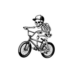 Obraz premium A playful black and white vector illustration of a cartoon skeleton wearing a cap and t-shirt while riding a BMX bicycle. Clean minimalist line art on a white background.