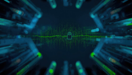 Fototapeta premium Secure data waveform with padlock icon in cyber network, futuristic green audio visualization