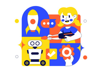 Robotics For Kids Education Vector Illustration Featuring Learning Technology And STEM In a Flat Cartoon Style Background