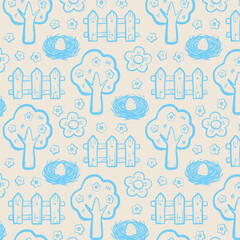 Cute seamless spring pattern featuring hand drawn trees, bird nests, flowers and garden fence in pastel colors. Perfect for rustic, kids and seasonal designs.