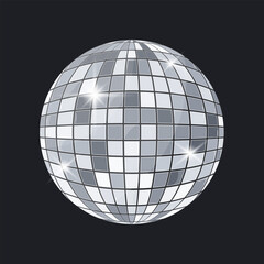 Futuristic platinum chrome disco ball with mirror reflective surface on dark background. Ultra light metallic sphere with cold platinum reflections and geometric facets. Clean luxury illustration for 
