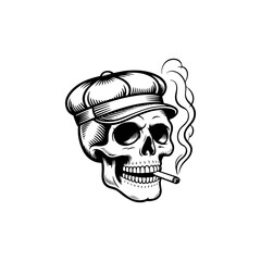 Obraz premium A bold black and white vector illustration of a human skull wearing a flat newsboy cap and smoking a cigarette. Detailed high-contrast graphic art on a white background.