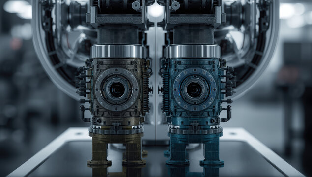 Industrial gearbox pair on assembly line with reflective metal finish and cool lighting