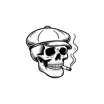 A bold black and white vector illustration of a human skull wearing a flat newsboy cap and smoking a cigarette. Detailed high-contrast graphic art on a white background.
