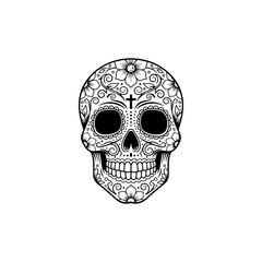 Fototapeta premium Intricate black and white vector illustration of a Mexican sugar skull decorated with floral patterns, leaves, and a cross. Traditional Day of the Dead graphic art.