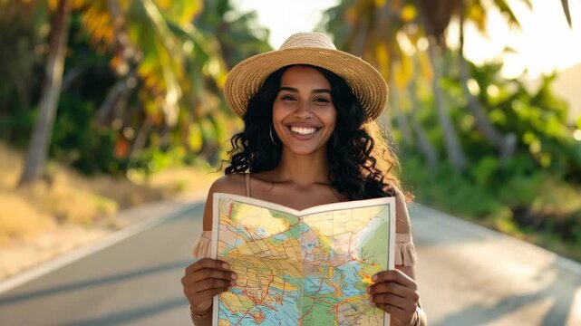 Joyful female tourist with straw hat and map on a scenic tropical road