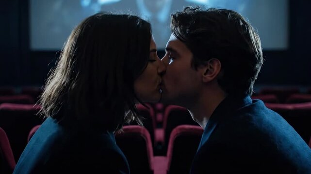 man and woman kiss - A romantic moment unfolds as a couple shares a kiss in a dimly lit cinema, surrounded by empty red seats and a flickering screen in the background