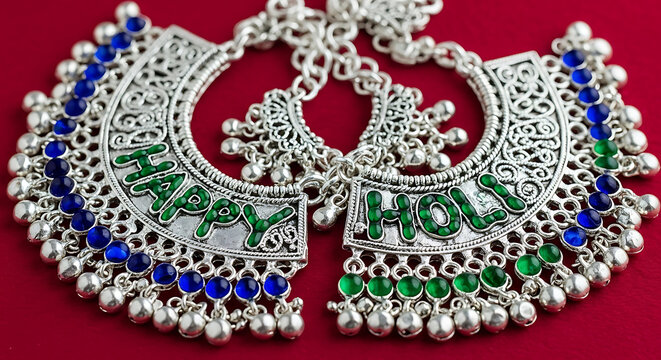 A Pair of Traditional Silver Anklets (Payal) Adorned with Tiny Droplets of Colored Water, Spelling Happy Holi on a Burgundy Background