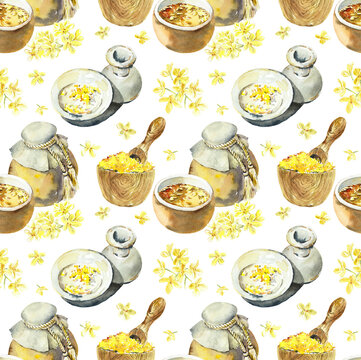 Golden Osmanthus Health Tea. Seamless pattern. Nature Sketch. Watercolor hand drawn illustration