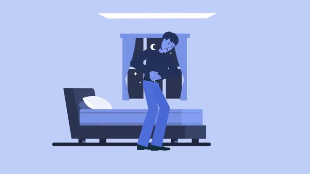Man working late at night animation on laptop, overtime job concept, deadline stress, remote work lifestyle, dark mood, 2D cartoon