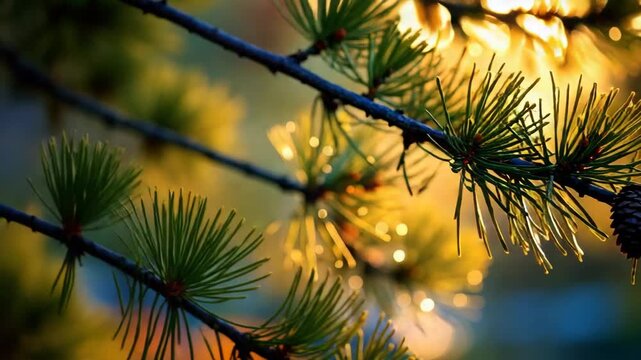 Close-up of pine branch with cones bathed in warm golden sunlight