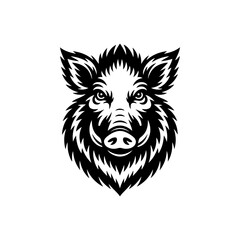 Fototapeta premium A powerful black and white vector illustration of a wild boar's head. Features sharp tusks, detailed fur texture, and a fierce expression. Clean high-contrast animal art.