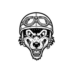 A bold black and white vector illustration of a cartoon wolf wearing a retro motorcycle helmet with goggles. A fierce, high-contrast mascot isolated on a white background.