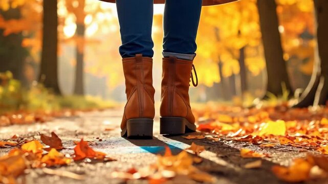 Person walking on a path covered with autumn leaves in a sunny park