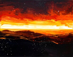 Vivid landscape with fiery sunset and starry night