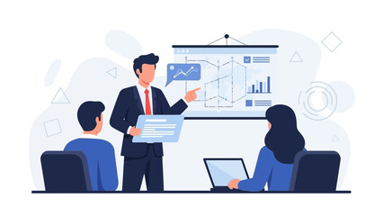 Fototapeta premium Business presentation with charts and data analysis on screen, team meeting