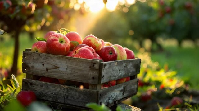 Freshly picked apples in a wooden crate at sunset in an autumn orchard