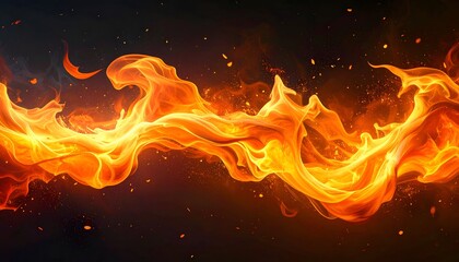 Fiery, abstract flames dance against a dark, smokey backdrop