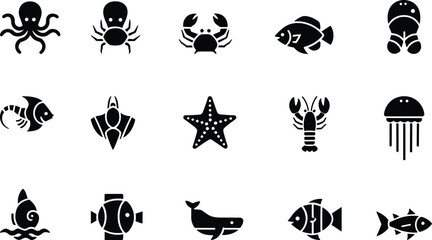 Sea animal silhouette icons collection, octopus crab fish whale jellyfish starfish, black vector graphic set for marine design © SREE