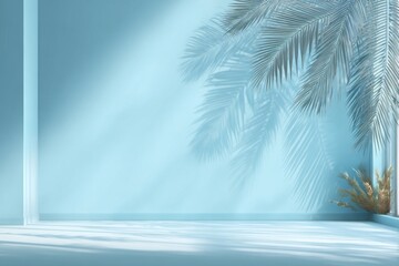 A serene, light blue interior with palm shadows, creating a calm atmosphere ideal for relaxation or creative inspiration.