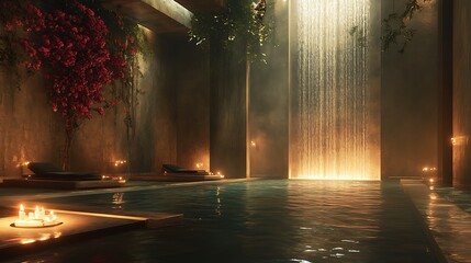 Mystical indoor pool sanctuary with cascading waterfall and serene candle lighting