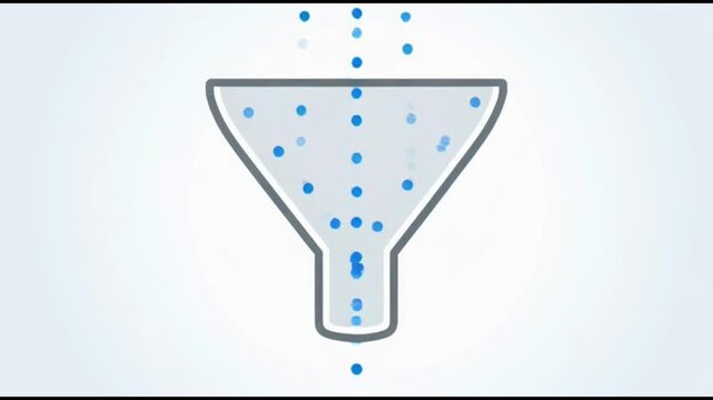 Funnel animation with blue dots filtering through, data processing concept Quality 4K