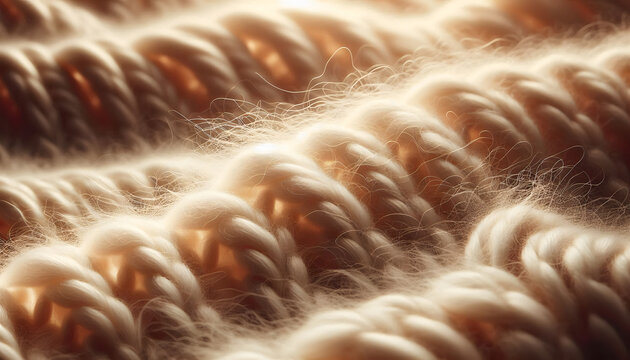 xtreme macro photography of a cream-colored cashmere blanket. Sharp focus on fine, soft, fluffy fibers and individual strands. Soft side natural lighting to accentuate the weave texture. Shallow depth