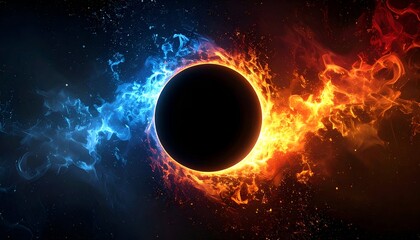 Cosmic dark sphere ablaze in swirling flames of blue and orange