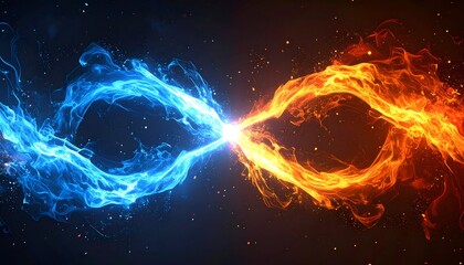 Blue and orange energy currents converge, creating a bright fusion