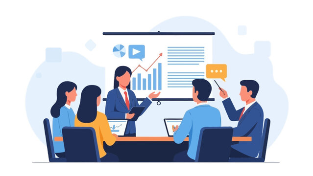 Business meeting with presentation and team collaboration, flat design