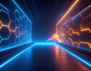 Neon hexagonal panels line a futuristic corridor, blue and orange contrast