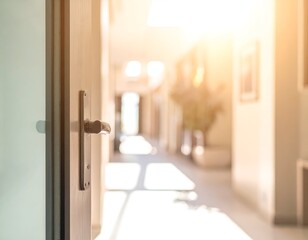 Partially open door reveals sunny hallway, blurred details in a bright interior