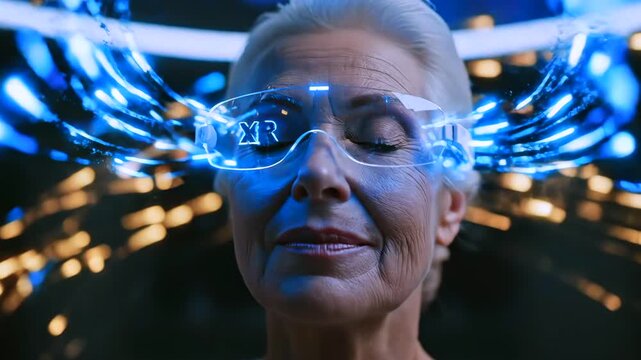 white senior woman inside light vortex, wearing transparent AR glasses, blue and gold particle rings swirling, calm expression then focused as visor emits beam, studio lab lighting, neural
